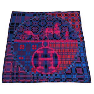 HERMES EX-LIBRIS a CARREAUX Blue Pink Purple 90 cm Silk Square Scarf RARE